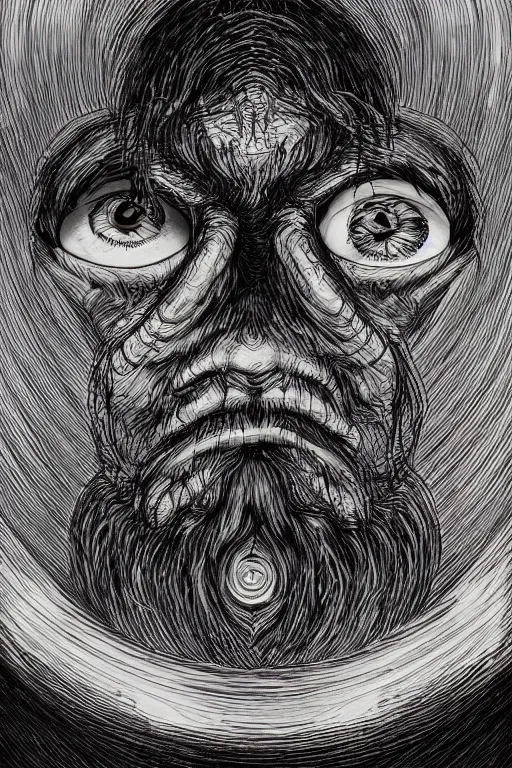 Image similar to portrait of hexagon shaped dwarf head and shoulders with single centered giant bloodshot eye, in the style of Greg Broadmore and Arthur Rackham,trending on artstation, light lighting side view,digital art,surrealism ,macro,blueprint ,vaporwave ,