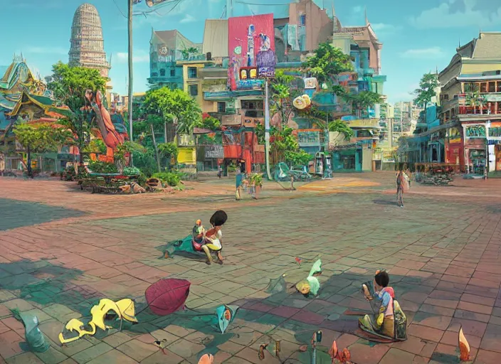 Image similar to bangkok townsquare, without human, empty street, summer morning, very coherent and colorful high contrast, art by gediminas pranckevicius, geof darrow, makoto shinkai, dark shadows, hard lighting