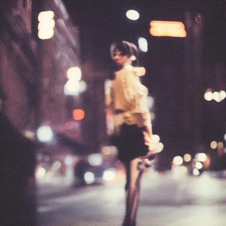 Prompt: analog medium format film blurry street night flash photography close up cyberpunk girl portrait in new york, 1 9 6 0 s hasselblad film street photography, featured on unsplash, vintage expired colour film photograph