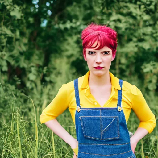 Prompt: misty from pokemon, wearing a yellow crop top and blue denim shorts with red suspenders on top, standing in a field, by gottfried helnwein, dslr full body portrait, sigma 8 5 mm f / 1. 8