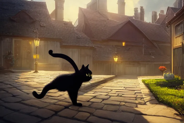 Prompt: a wholesome animation key shot of a black cat jumping between roofs with tiles, medium shot, studio ghibli, pixar and disney animation, sharp, rendered in unreal engine 5, anime key art by greg rutkowski, bloom, dramatic lighting