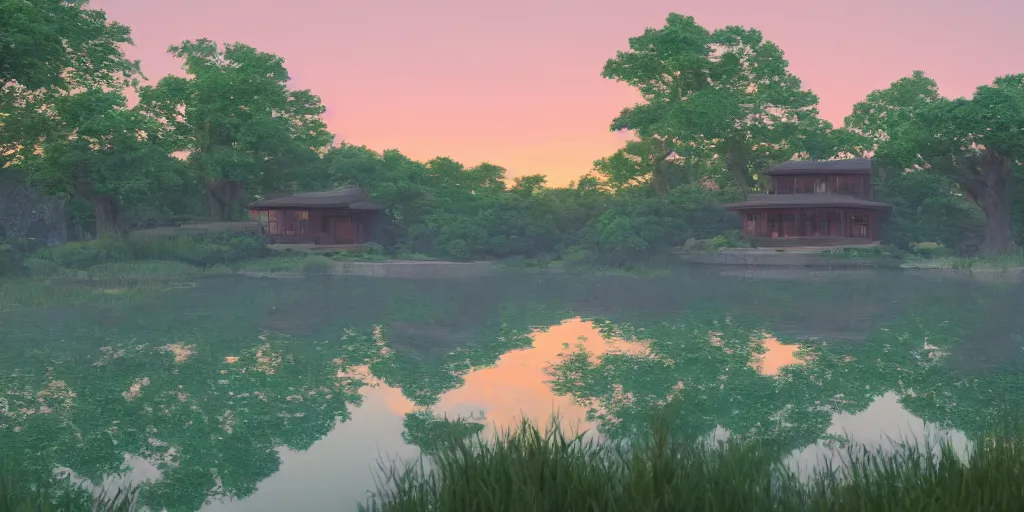 Image similar to a serene landscape with a singular building near a lake at sunrise, pixar style, ghibli studio anime style, 8 k hdr, octane render, unreal engine,