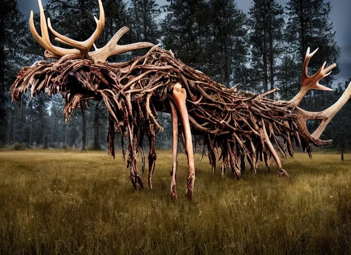 Image similar to photograph of a horrifying nature monster made of animal parts, tree parts, bones, antlers and an extremely long neck, in a meadow, nightmare, designed by ken barthelmey, dramatic lighting, full frame photography