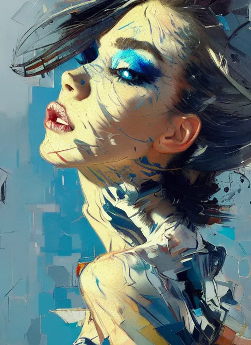 Prompt: portrait of beautiful girl, ecstatic, dancing, eyes closed, shades of blue and grey, beautiful face, rule of thirds, intricate outfit, spotlight, by greg rutkowski, by jeremy mann, by francoise nielly, by van gogh, digital painting