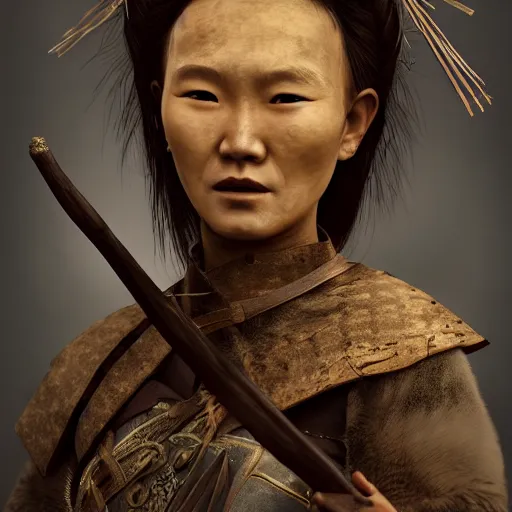 Prompt: a portrait of a female Mongolian warrior, rustic and weathered, holding a bow, retro, with a scar on her face. trending on artstation, ambient lighting, 4k render, ultra hd, behance art