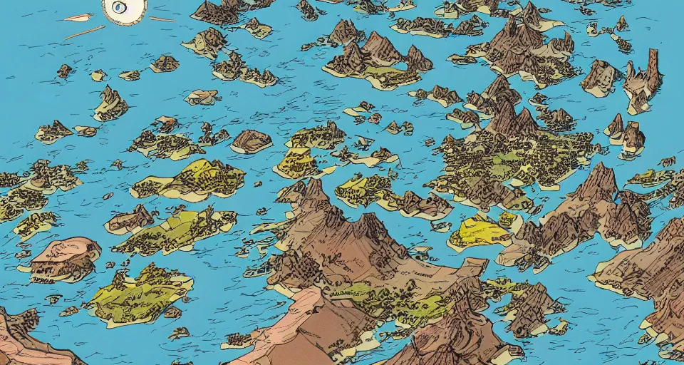 Prompt: moebius illustration of a map. map of a continent. a junkyard planet with a small settlement. maps showing a continent. detailed fantasy art, illustrated map.