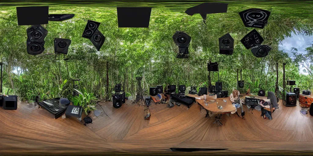 Prompt: a dream recording studio with turntables and large speakers in the jungle, by james gurney, equirectangular projection 360 panoramic
