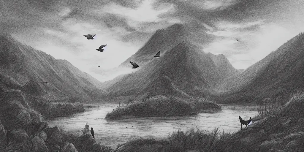 Image similar to A majestic landscape featuring a river, mountains and a forest. A group of birds is flying in the sky. There is a dog and an old man standing, wearing a backpack and staring at the sunset. Cinematic, very beautiful, pencil drawing