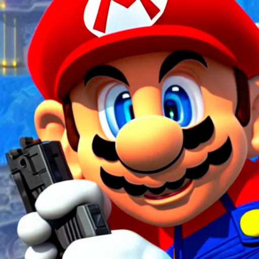 Prompt: Super Mario holding a gun,CG graphics