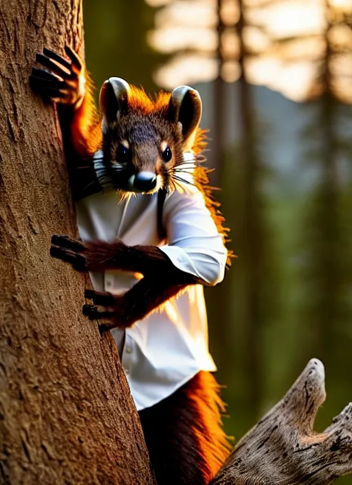 Prompt: A beautiful scene from a 2022 fantasy film featuring a humanoid pine marten in loose clothing. An anthropomorphic pine marten wearing a white shirt. Golden hour.