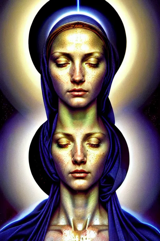 Prompt: hyperrealistic mixed media painting of Mother Mary, a halo about her head, full body, stunning 3d render inspired art by P. Craig Russell and Barry Windsor-Smith + perfect facial symmetry + dim volumetric lighting, 8k octane beautifully detailed render, post-processing, extremely hyperdetailed, intricate, epic composition, grim yet sparkling atmosphere, cinematic lighting + masterpiece, trending on artstation, very very detailed, masterpiece, stunning