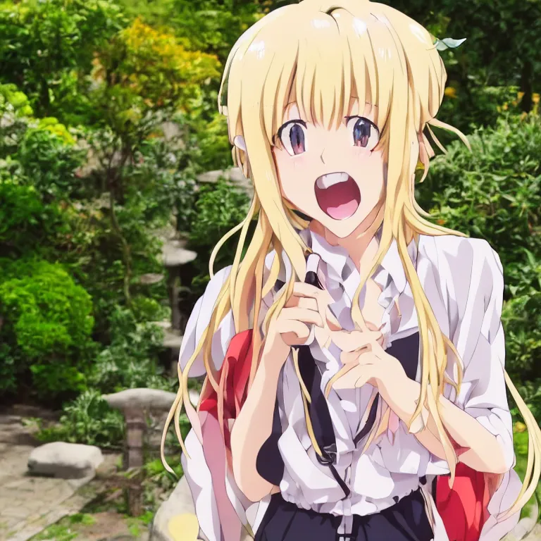 Prompt: close up portrait of a very cute blonde anime girl idol walking at the garden, mouth open, cheeky, in the style of anime, near a stone gate