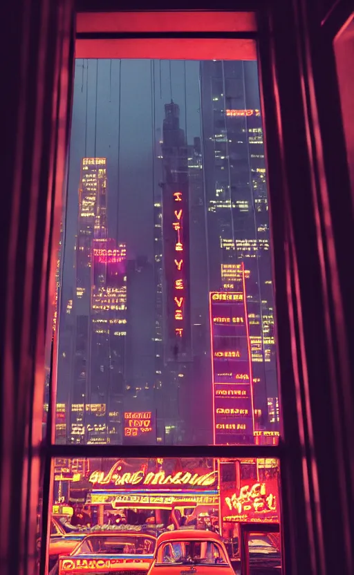 Image similar to vertical movie frame, girl in 5 0's retro restaurant, neon - decorated urban on night in the city seen through the window, modern architecture design, vintage, night, blade runner, dark, clean lines, asian futuristic city at distance, big windows, octane, wide angle