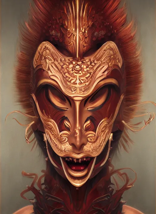 Image similar to a beautiful detailed oil on copper art illustration of a japanese okame mask devil woman, centered, by charlie bowater, zeng fanzh, trending on artstation, dim dusk lighting, cinematic lighting, detailed lighting, volumetric lighting, realistic, f 8, 4 k hd wallpaper