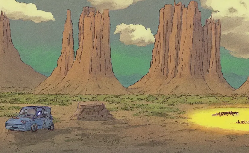 Prompt: a cell - shaded studio ghibli concept art from paprika ( 2 0 0 6 ) of a multi - colored spaceship from close encounters of the third kind ( 1 9 7 7 ) sitting on top of a lush temple that looks like monument valley stonehenge jungle. a caravan is in the foreground. very dull colors, portal, hd, 4 k, hq