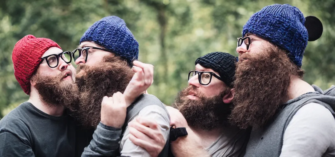 Prompt: white boy with beard and glasses wearing a beanie getting mauled by mouse