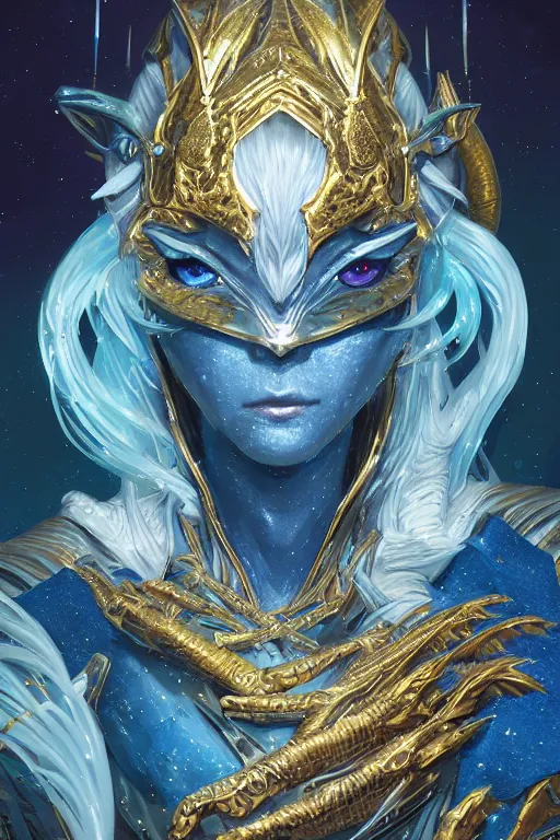 Image similar to a Portrait of a space dragon, third person, D&D, sci-fi fantasy, intricate, blue and gold, highly detailed , art by Range Murata, rim lighting, highly detailed, 3d, octane render, bright colors, digital painting, trending on artstation, sharp focus, illustration style of Stanley Artgerm,