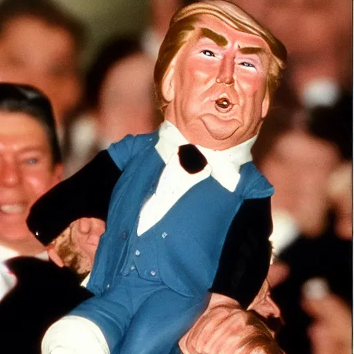 Image similar to dwarf trump getting a piggy - back ride from ronald reagan