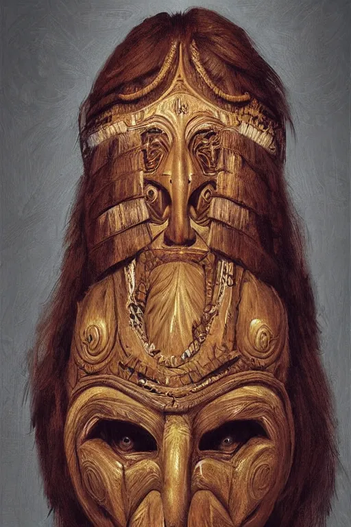 Prompt: portrait, headshot, digital painting, an beautiful shaman lady in carved wood mask, realistic, hyperdetailed, chiaroscuro, concept art, art by frans hals