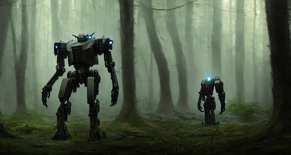 Prompt: hyper realistic sci - fi matte concept art painting of mecha walking through an alien forest, beautiful details, strong composition painted by kim jung guweta studio rutkowski, james gurney and greg rutkowski, and lucasfilm, smooth, intricate, detailed, sharp focus, cinematic