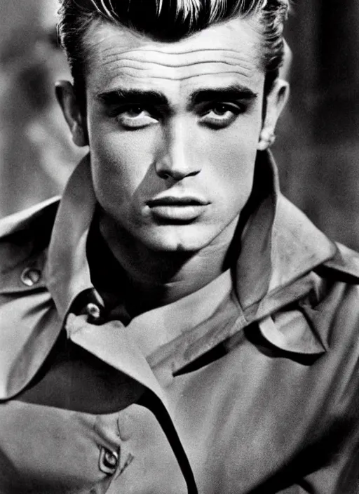 Image similar to genetic combination of james dean, elvis presley, sean connery, and boris karloff. gaunt, handsome, beautiful, striking, chiseled. prominent cheekbones, deep dimples, strong jaw.