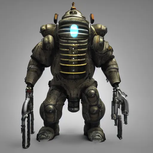 Image similar to 3 d render of a bioshock big daddy wearing the deadspace engineering suit, unreal engine 5, isaac clarke themed, high detail 3 d render,