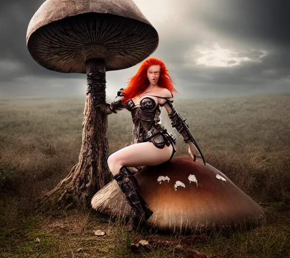 Image similar to a photo of an armored woman warrior redhead with antlers sitting on a giant mushroom that covers a whole village and reaches above the clouds by luis royo. intricate. lifelike. soft light. sony a 7 r iv 5 5 mm. cinematic post - processing