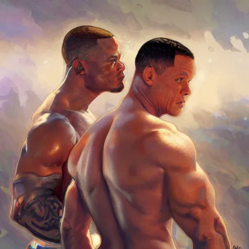 Prompt: John Cena fights Will Smith on the beach, intricate, stunning, highly detailed, digital painting, artstation, concept art, smooth, sharp, focus, illustration, art by artgerm and greg rutkowski and alphonse mucha