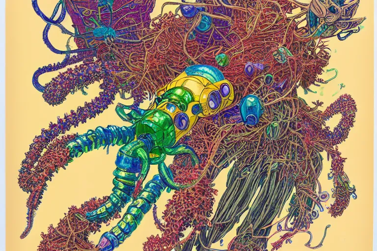 Image similar to risograph grainy drawing vintage sci - fi, satoshi kon color palette, gigantic gundam full - body covered with iridescent worms and plants 1 9 6 0, kodak, with lot tentacles and exotic flowers, natural colors, codex seraphinianus painting by moebius and satoshi kon and dirk dzimirsky