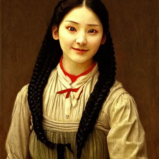 Prompt: a ((sadly)) (((smiling)))) black haired, young hungarian servantmaid from the 19th century who looks very similar to (((Lee Young Ae))) with a two french braids, detailed, soft focus, realistic oil painting by da Vinci, John Everett Millais, Csók István and Munkácsy