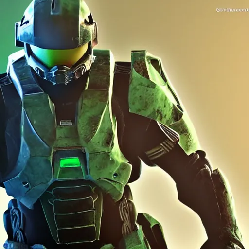 Image similar to Jerma985 as Master Chief, photorealistic, cinematic lighting, highly detailed