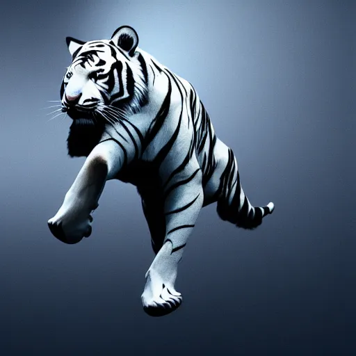 Image similar to a low - poly render of a white tiger in a dynamic action pose dwelling in the spirit realm, low poly 3 d, octane render, dramatic dreamlike lighting