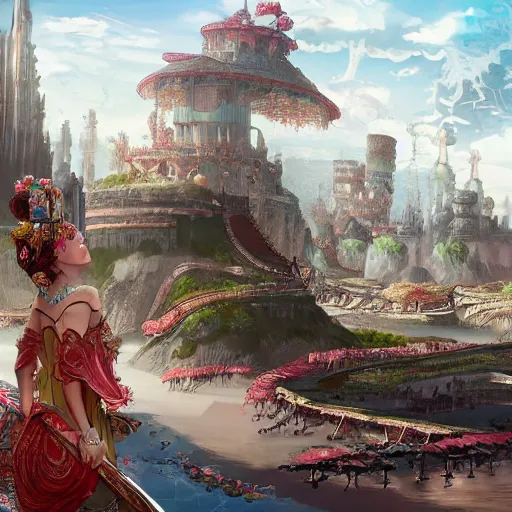 Image similar to concept art of an empress watching a fantasy city being built, highly detailed, digital art, illustration, artstation, very detailed, 4 k