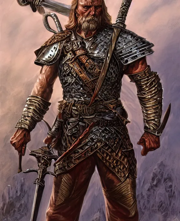 Image similar to battle - worn warrior with legendary sword, fantasy, man, cool armour, intricate, highly detailed, digital painting, artstation, concept art, wallpaper, smooth, sharp focus, illustration, art by larry elmore, jeff easley, clyde waldwell, keith parkinson, daniel r horne