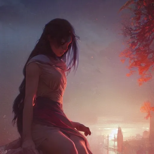 Image similar to a beautiful picture of a blue eye girl, ruins of a destroyed city and a yellow-red moon on background, rainy atmosphere, natural volumetric light, intricate, highly detailed, digital painting, artstation, concept art, sharp focus, illustration, art by greg rutkowski and alphonse mucha