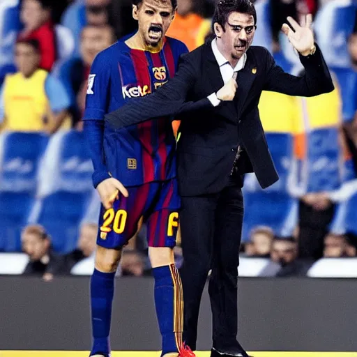 Prompt: The crazed President of FC Barcelona in a disheveled suit holding a player at gunpoint and demanding money