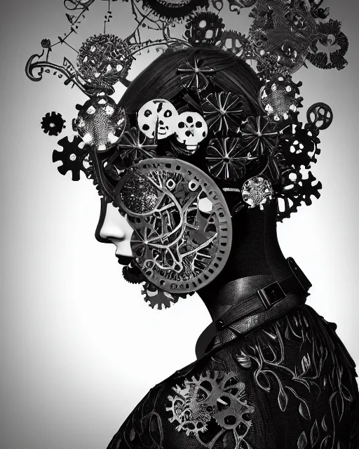 Image similar to monochrome profile portrait painting, dutch masters, silver lace floral steampunk biomechanical beautiful young female cyborg with one techno eye, monocular, volumetric light, leaves foliage and stems, hibiscus flowers, alexander mcqueen, rim light, big gothic fashion pearl embroidered collar, 8 k