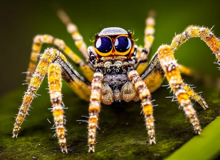 Image similar to super macro of a crystal spider with big eyes sitting on a flower, in the forest. Fantasy magic style. Highly detailed 8k. Intricate. Nikon d850 300mm. Award winning photography.