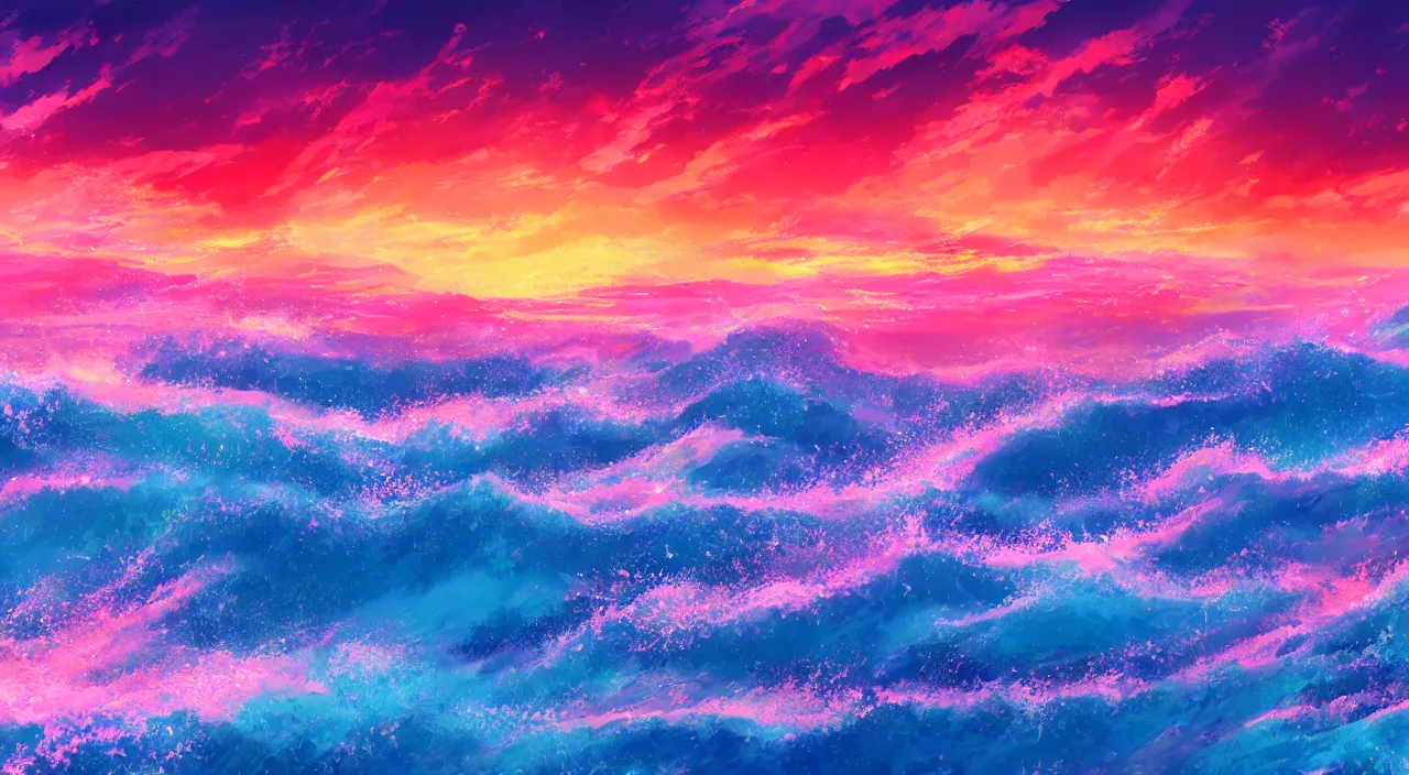 Prompt: anime landscape wallpaper, waves simulated crystal clear waves, ocean cliff side, pink, blue, orange, and red clouds