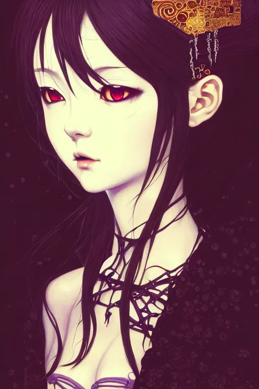 Image similar to portrait of beautiful young gothic anime maiden, cute-fine-face, pretty face, realistic shaded Perfect face, fine details. Anime, cyberpunk, Warhammer, highly detailed, artstation, illustration, art by Ilya Kuvshinov and Gustav Klimt and Gustav Klimt and Gustav Klimt and Gustav Klimt