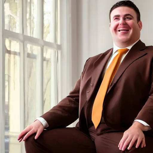 Prompt: A smiling chubby white clean-shaven man dressed in a chocolate brown suit and necktie is sitting on a stool. Realistic