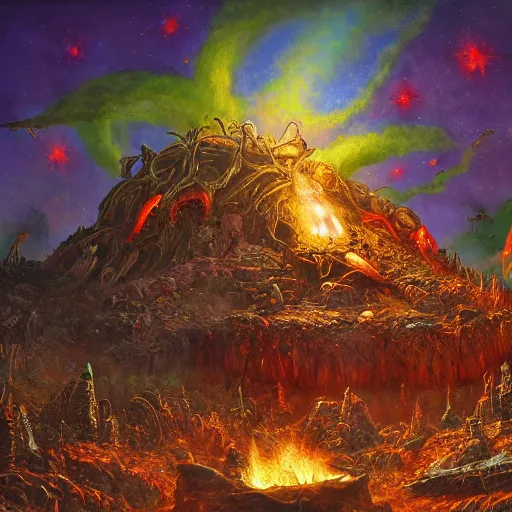 Prompt: extraterrestrial funeral pyre on ancient post - apocalyptic planet, jim henson creature shop, vivid and colorful, thomas kincaid, cinematic, oil painting, highly detailed, illustration
