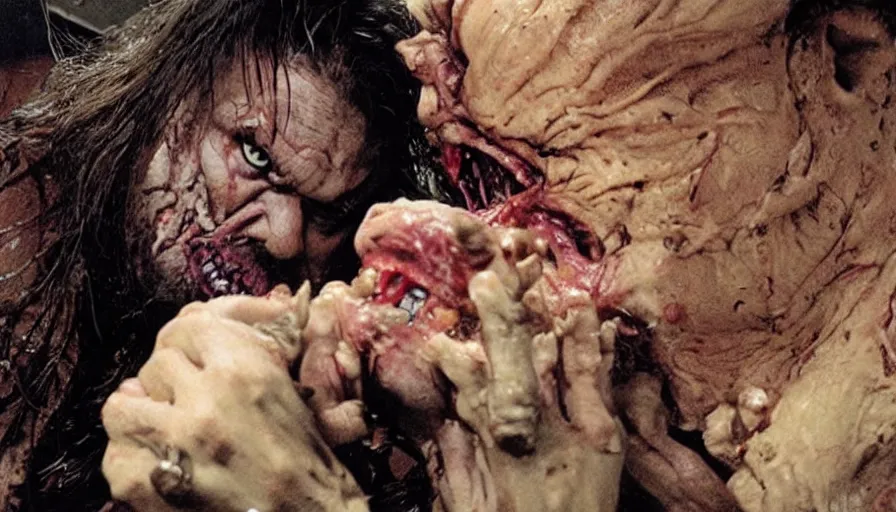 Image similar to a disgusting vile monster eating a man from The Thing, japanese yokai by Cronenberg and greg nicotero