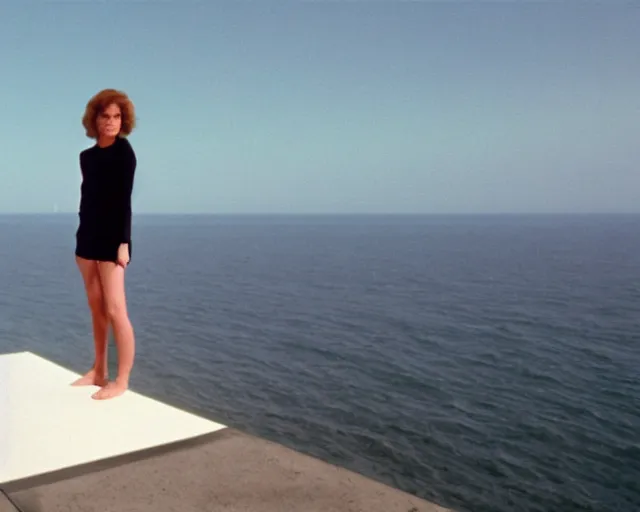 Image similar to a still of a young woman standing on a huge concrete white deck, high above the ground, of a minimalist beach house, outside view, low angle, clear sky and background, in the music video Wrapped Around your Finger (1983)