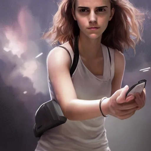 Image similar to a girl who is a mix of emma watson and scarlett johansson and nathalie portman, plugging herself to a computer through an usb cable and a port in her arm, very detailled, by david rutkowski and artgem