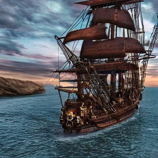 Image similar to modern metal pirate ship, highly detailed, 4k, HDR, smooth, sharp focus, hyper realistic, high resolution