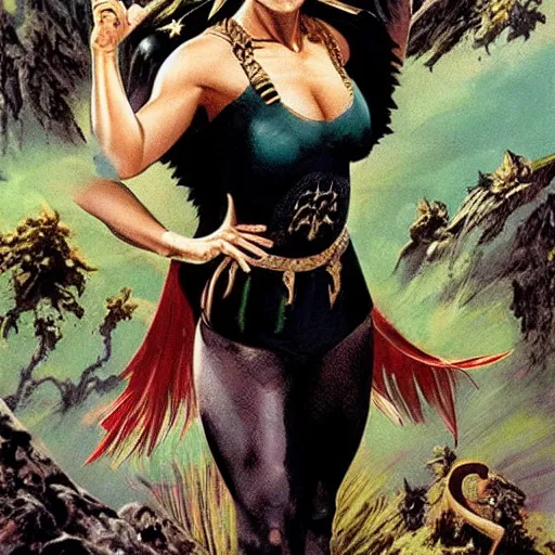 Image similar to Natalie Portman as a beautiful amazon sorceress, wearing tight fitting outfit, Frank Frazetta, Joe Jusko