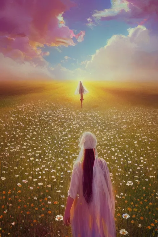 Image similar to giant white daisy flower veil face, girl walking in a flower field, surreal photography, sunrise, dramatic light, impressionist painting, colorful clouds, digital painting, artstation, simon stalenhag