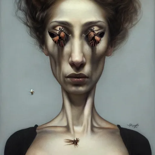 Image similar to a hyperrealistic painting of a beautiful woman with the head of a fly, by santiago caruso, highly detailed,