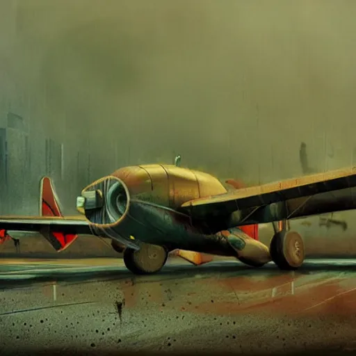 Image similar to movie frame of a vintage scrappy aircraft parked on the tarmac on a misty but epic day, wet ground, neon lights, very wide angle shot, by ian mcque, robert valley, tom bagshaw, global illumination